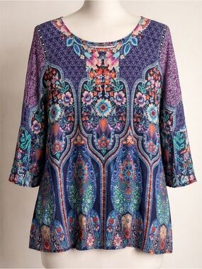 Johnny Was Purple Multi Floral Scoop Neck Tunic